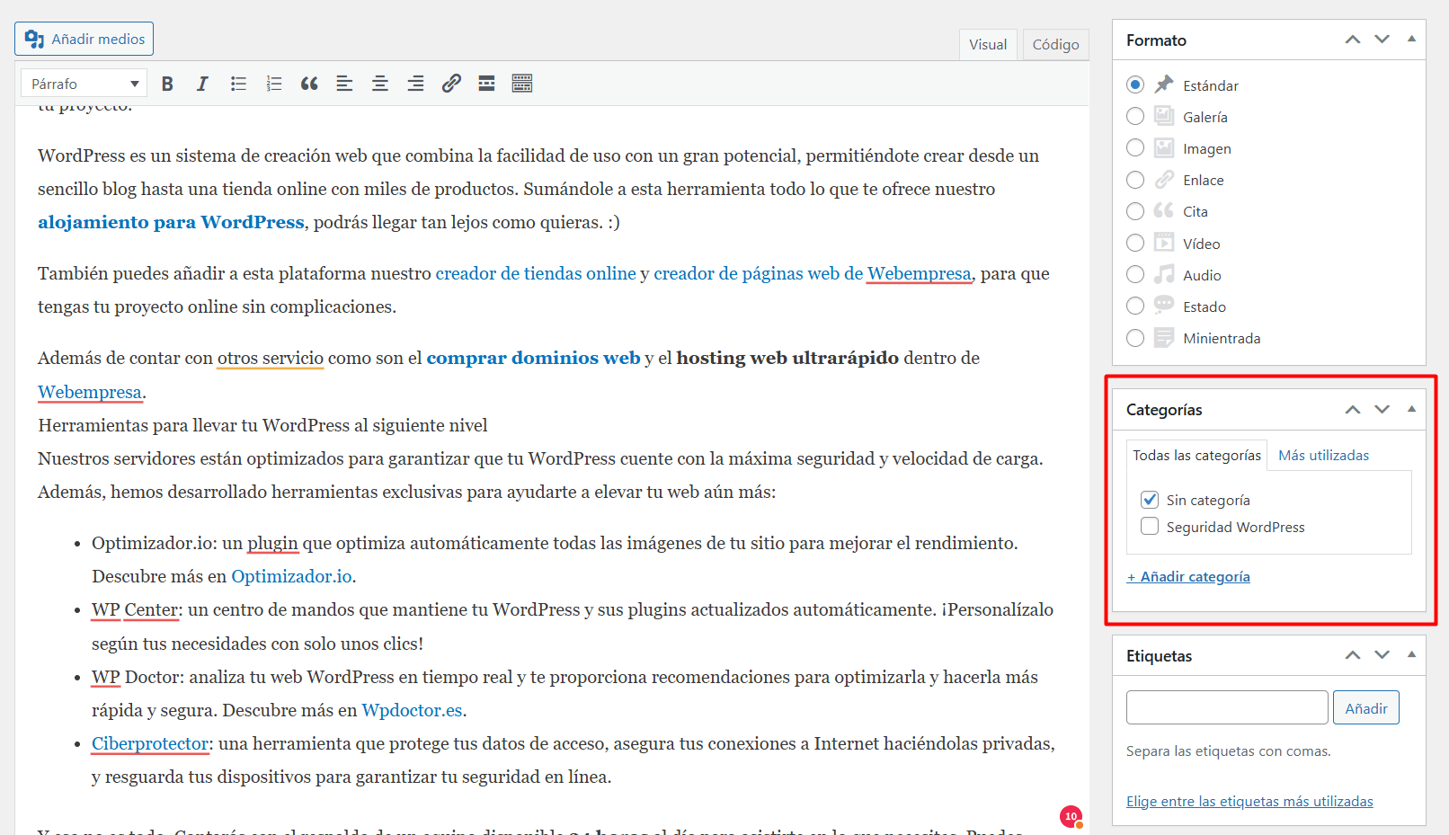 Creación de una Categoría en WordPress