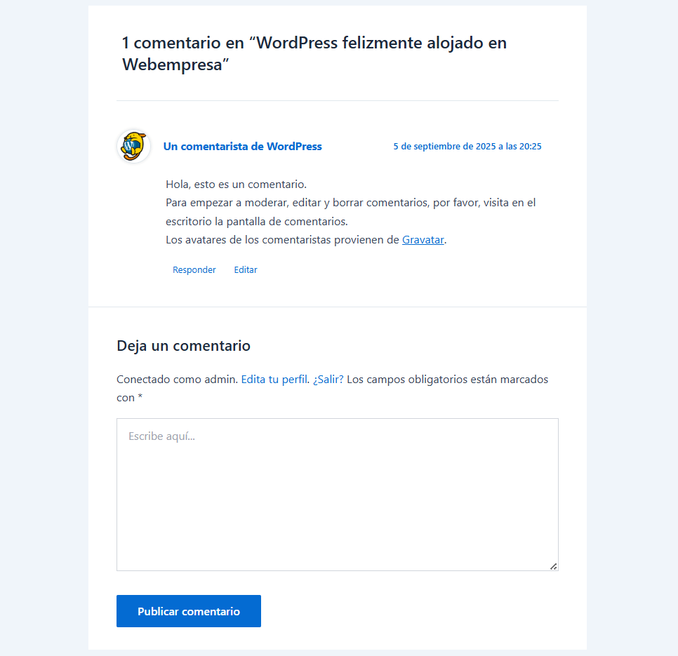 Caja de comentarios clásica en un sitio WordPress
