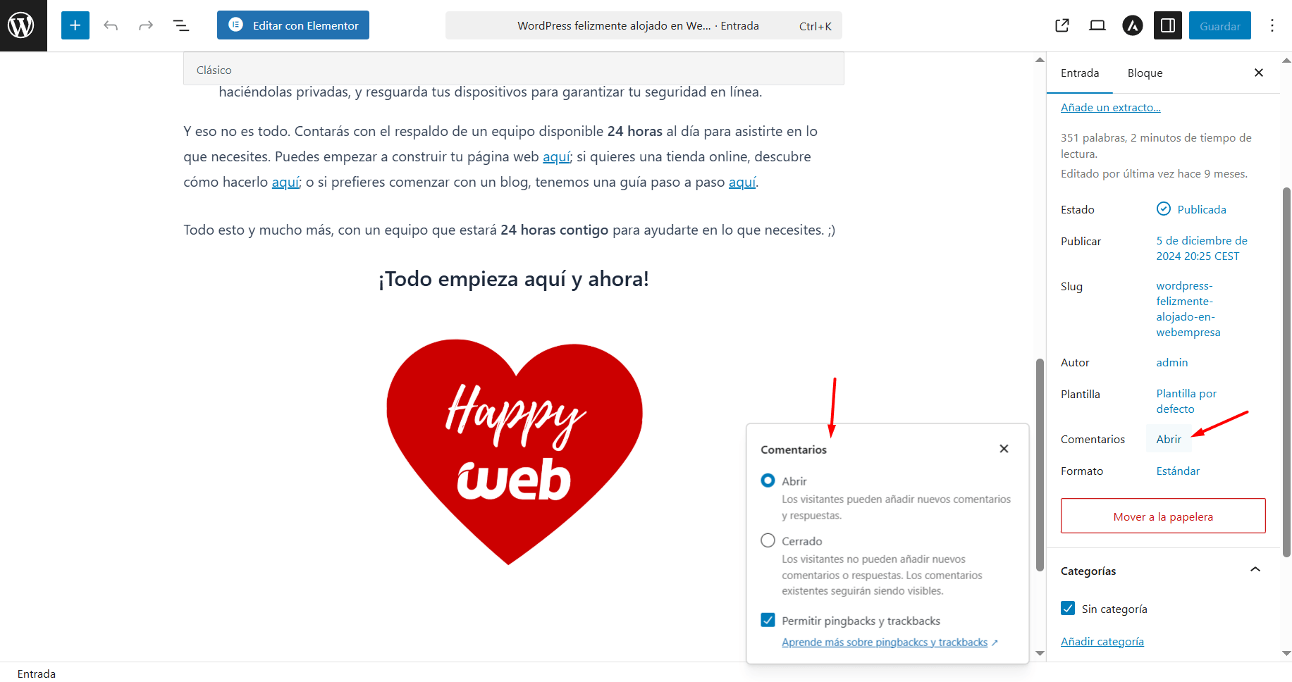 Tickbox para activar o desactivar la opción de comentarios en Páginas individuales