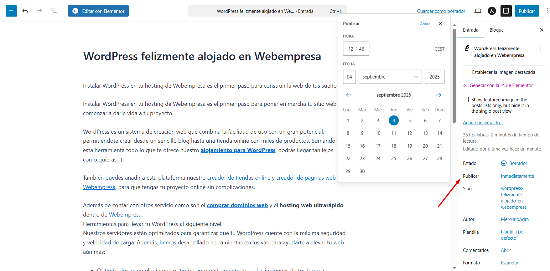 Opción de publicar inmediatamente en entradas de WordPress