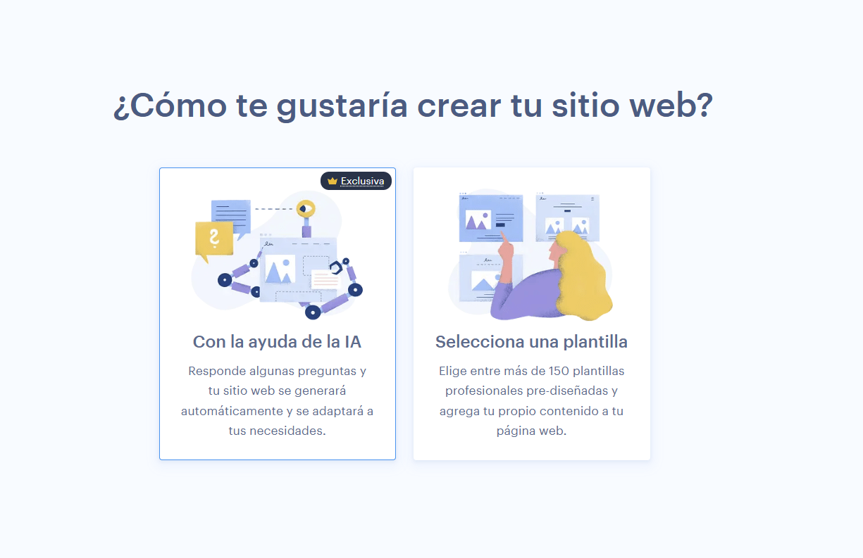 opciones para crear la web con IA desde Webuilder o desde plantilla