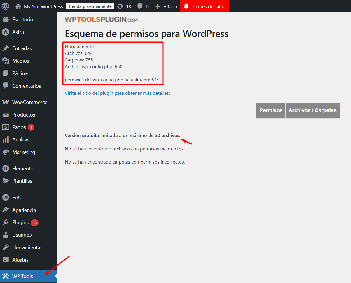 Permisos de archivos incorrectos con WP Tools