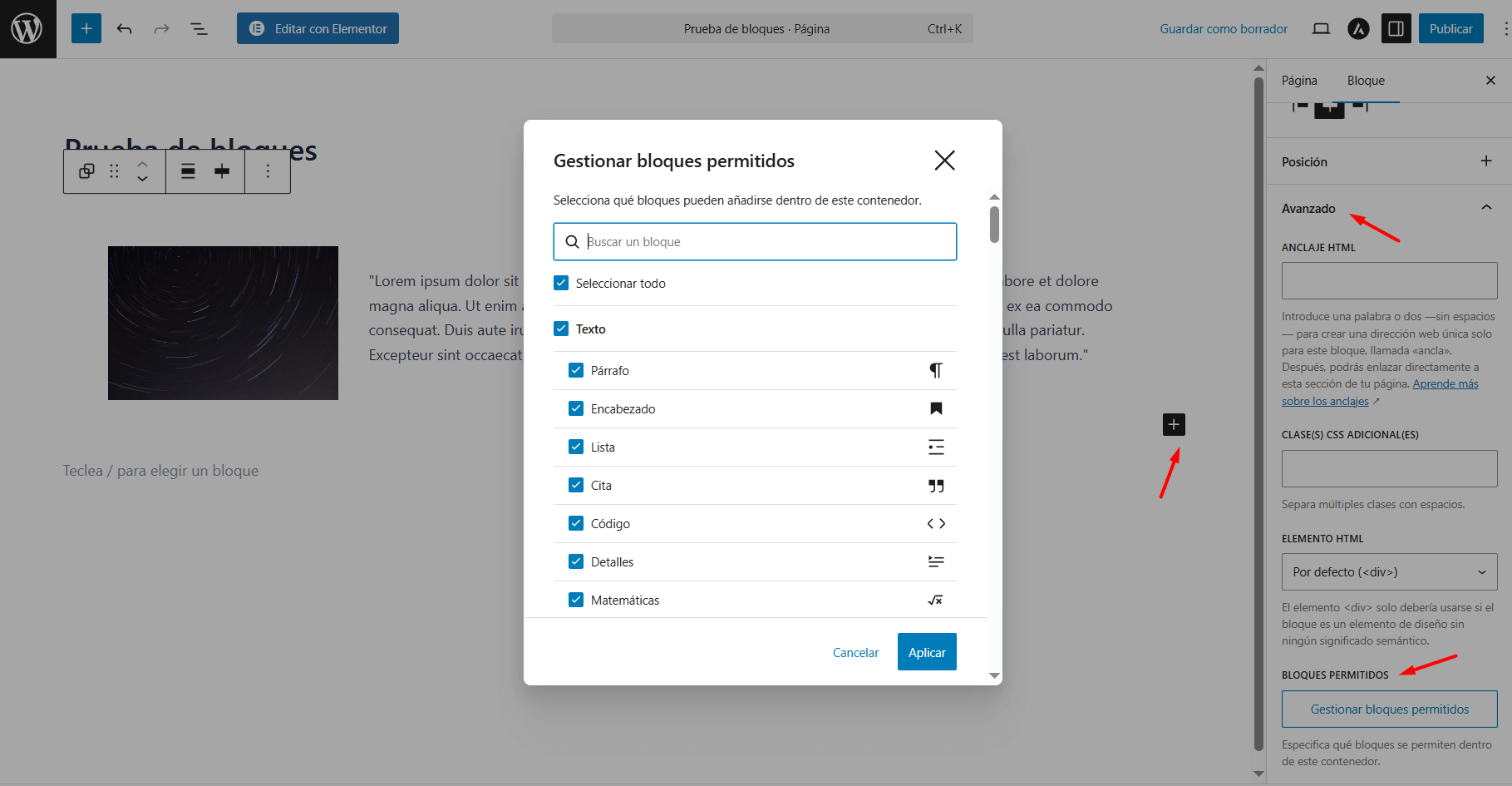 gestión bloques permitidos